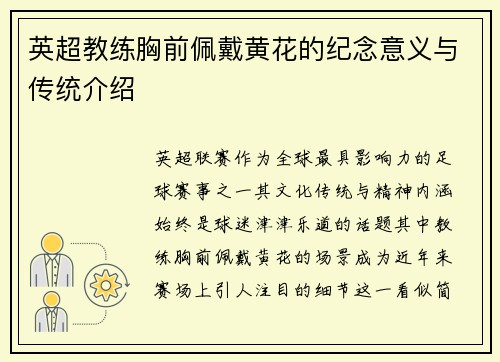 英超教练胸前佩戴黄花的纪念意义与传统介绍